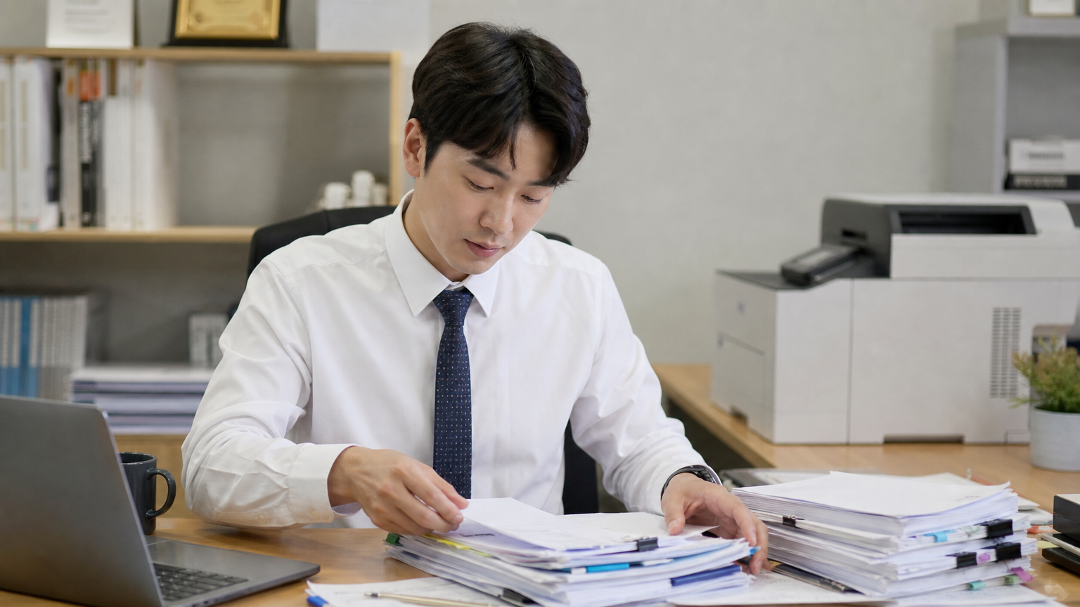 책상 위에서 문서를 정리하는 사무직원의 모습
