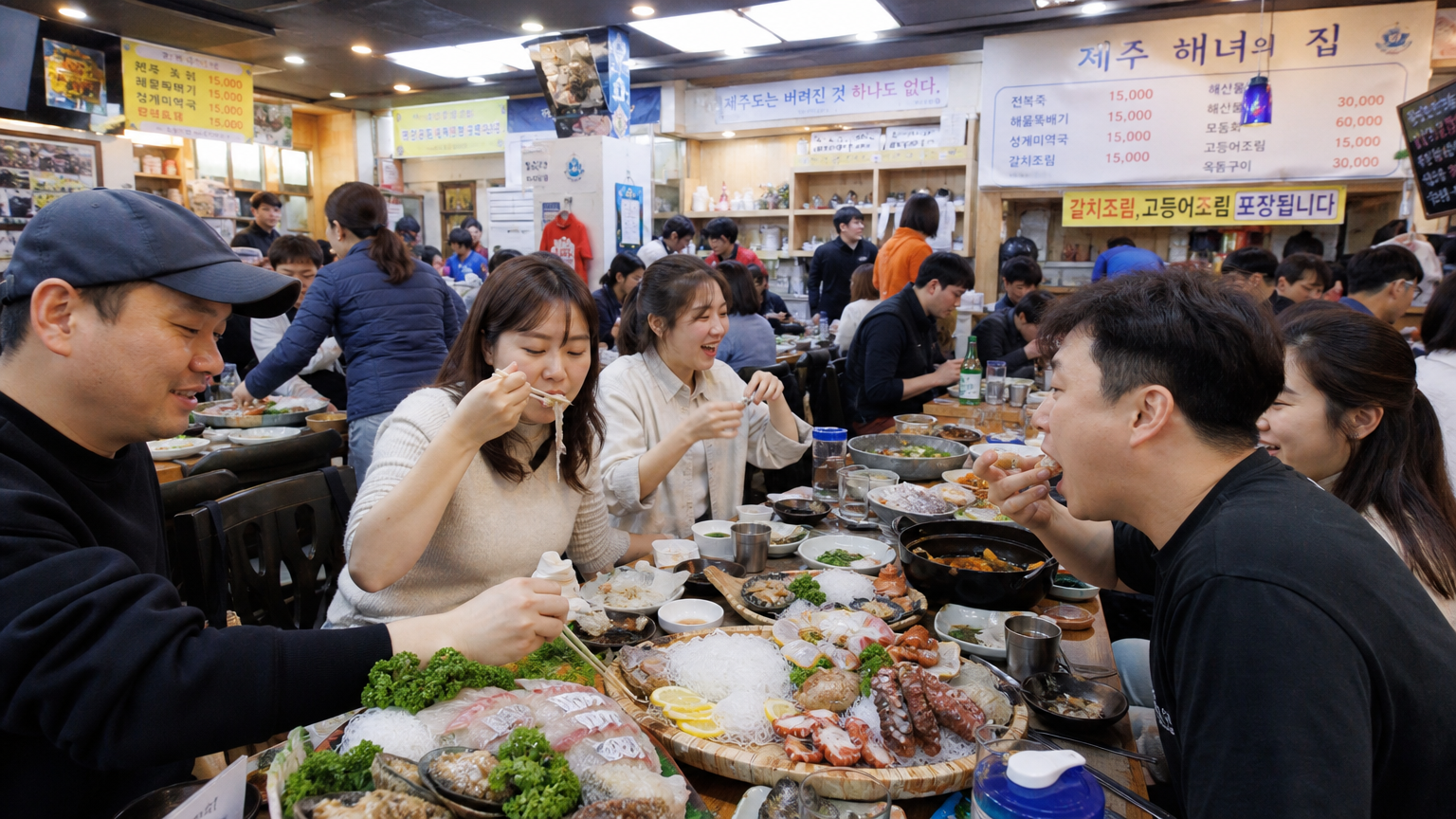제주에서 신선한 해산물을 즐기는 손님들로 가득 찬 활기찬 식당 모습