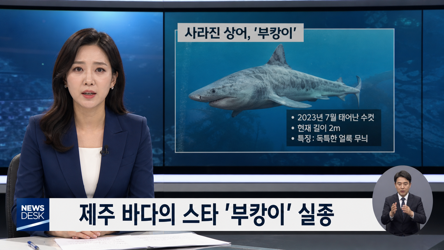 뉴스 앵커가 스튜디오에서 실종된 상어 부캉이에 대해 보도하는 모습