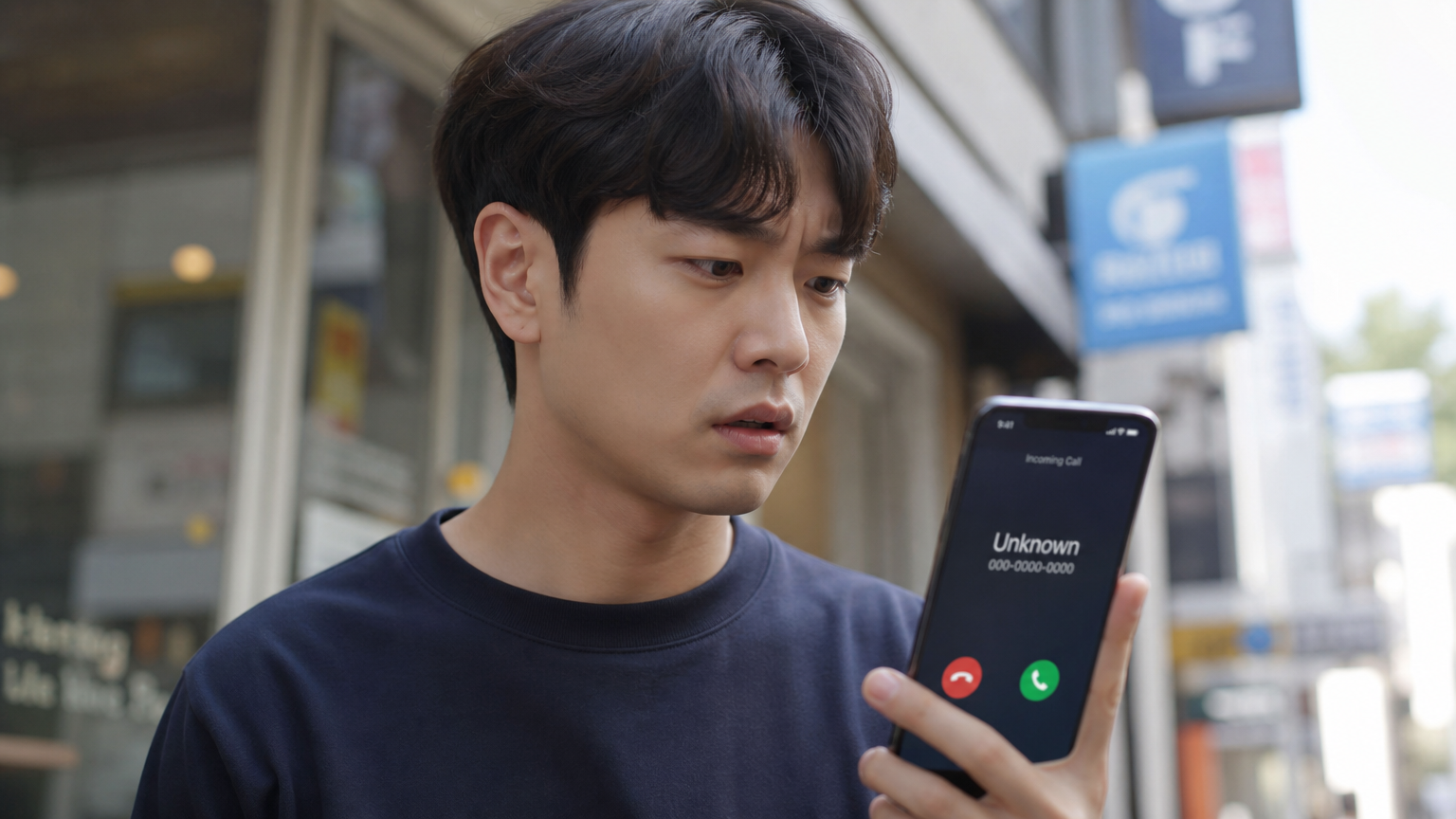 현대인이 스마트폰을 들고 낯선 번호의 전화를 받으며 걱정하는 모습