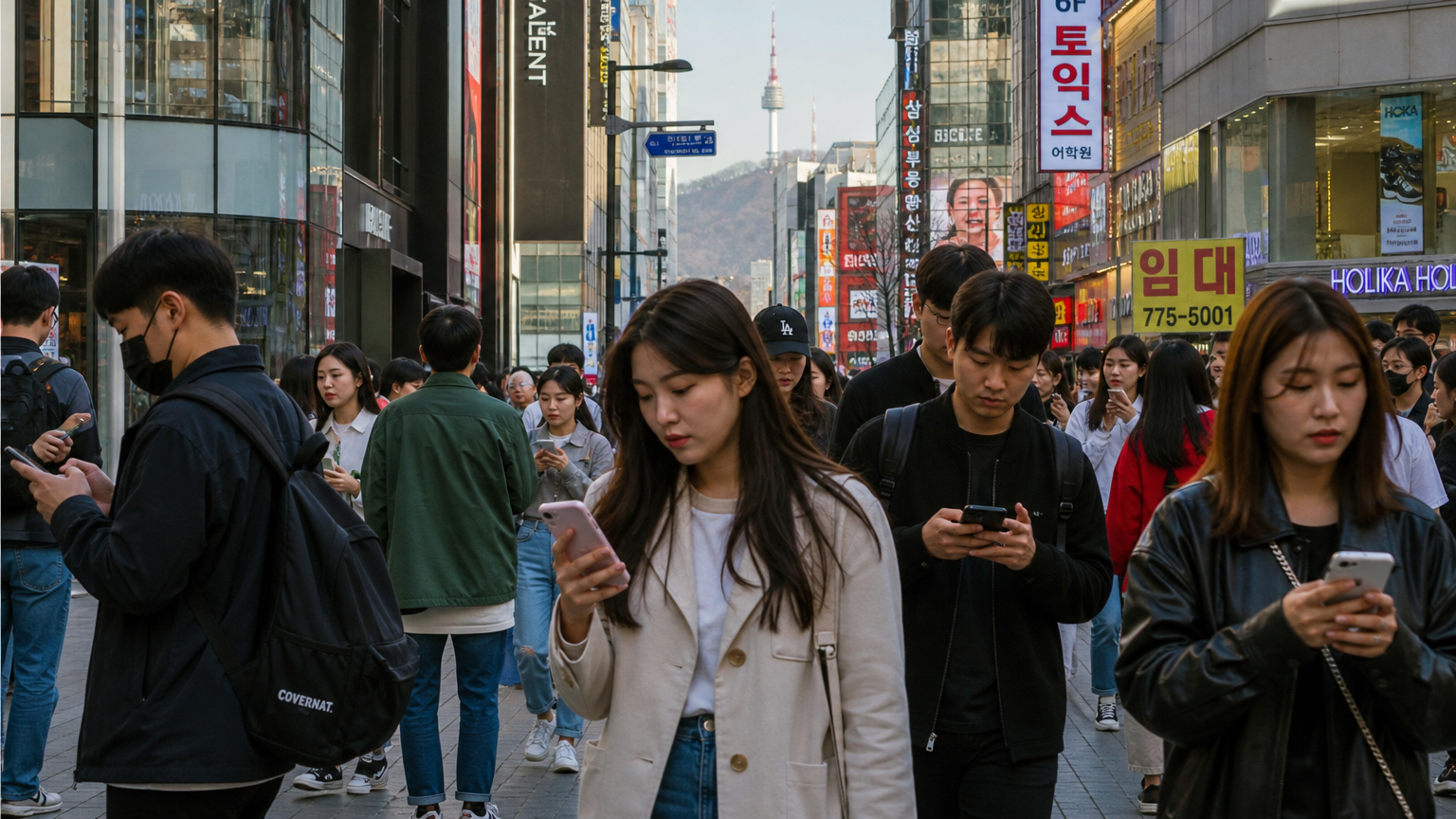 서울 거리에서 사람들이 스마트폰을 사용하는 장면으로 스팸 보호 앱의 중요성을 강조