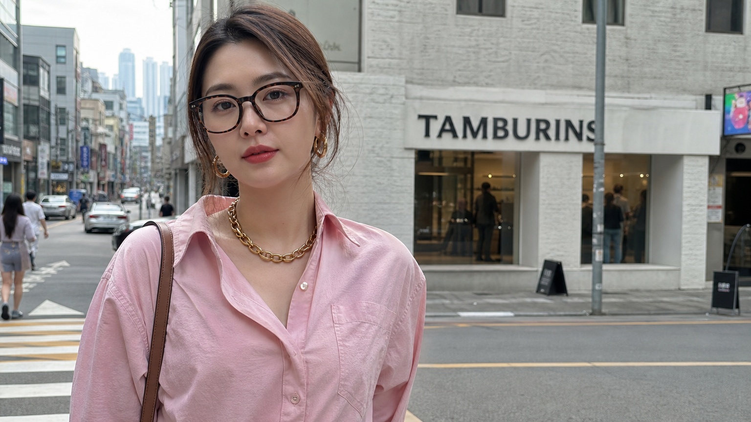 도시 거리에서 핑크 셔츠와 뿔테 안경을 착용하고 골드 주얼리를 매치한 세련된 여성