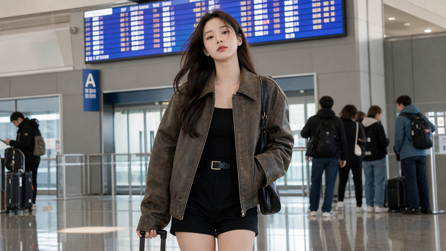 공항 터미널에서 브라운 오버핏 재킷과 블랙 쇼츠를 입고 자신감 있는 포즈를 취하고 있는 여성