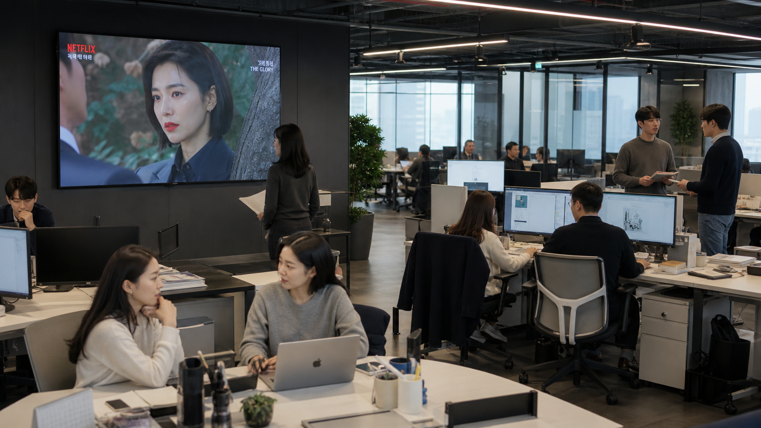 세련된 사무실에서 넷플릭스 드라마 장면이 재생되는 화면을 바라보는 사람들