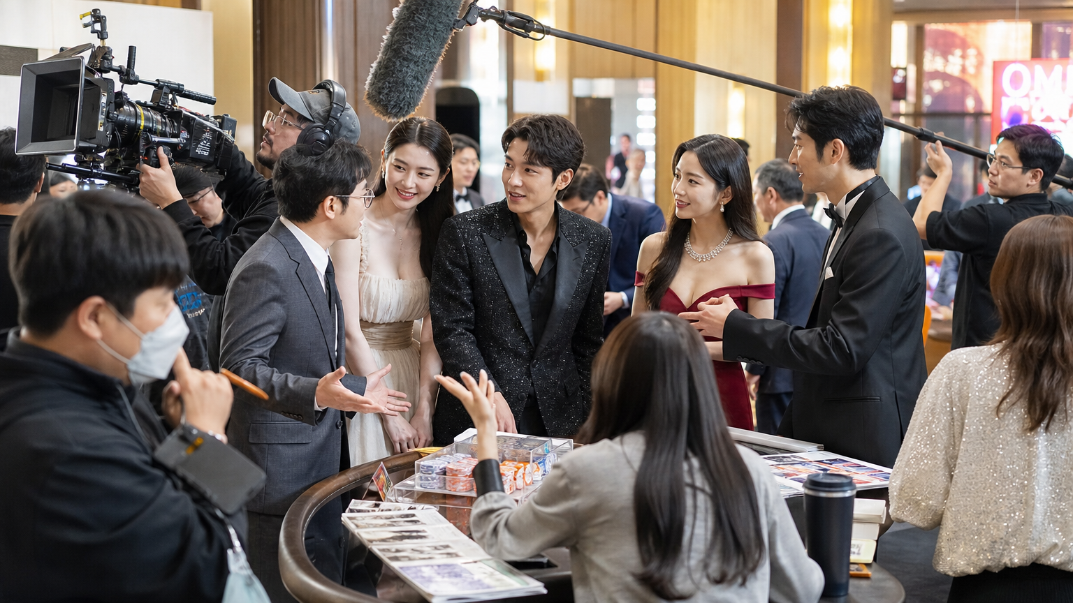 연예인과 매니저가 서로 상호작용하는 촬영 현장의 모습