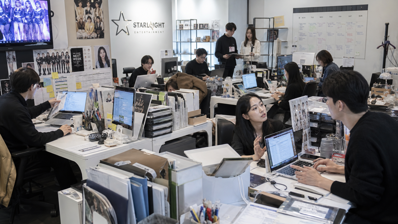 엔터테인먼트 사무실에서 일정을 조율하고 계약을 협상하는 바쁜 모습