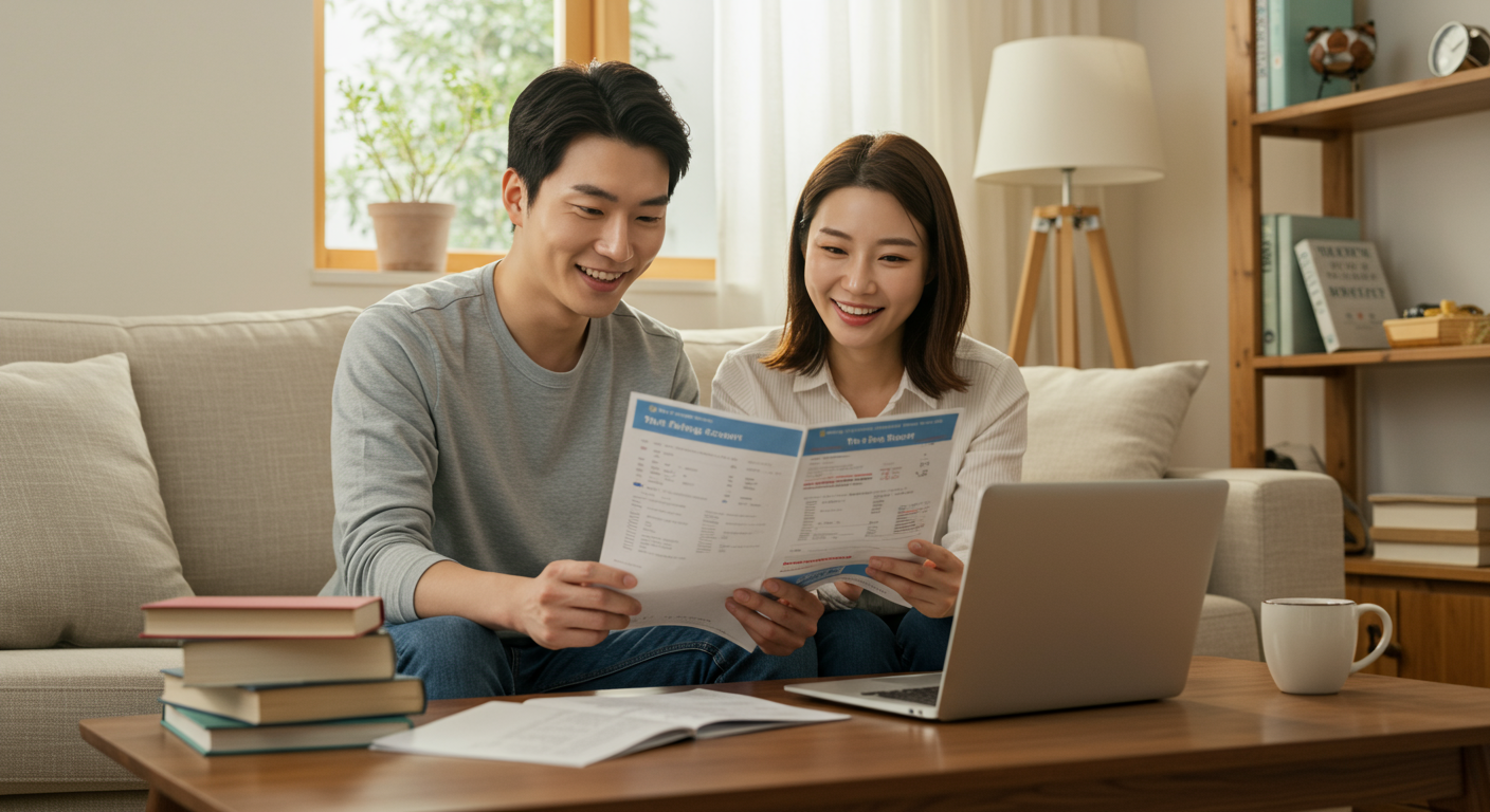 집에서 세금 면제 계좌 명세서를 검토하는 커플