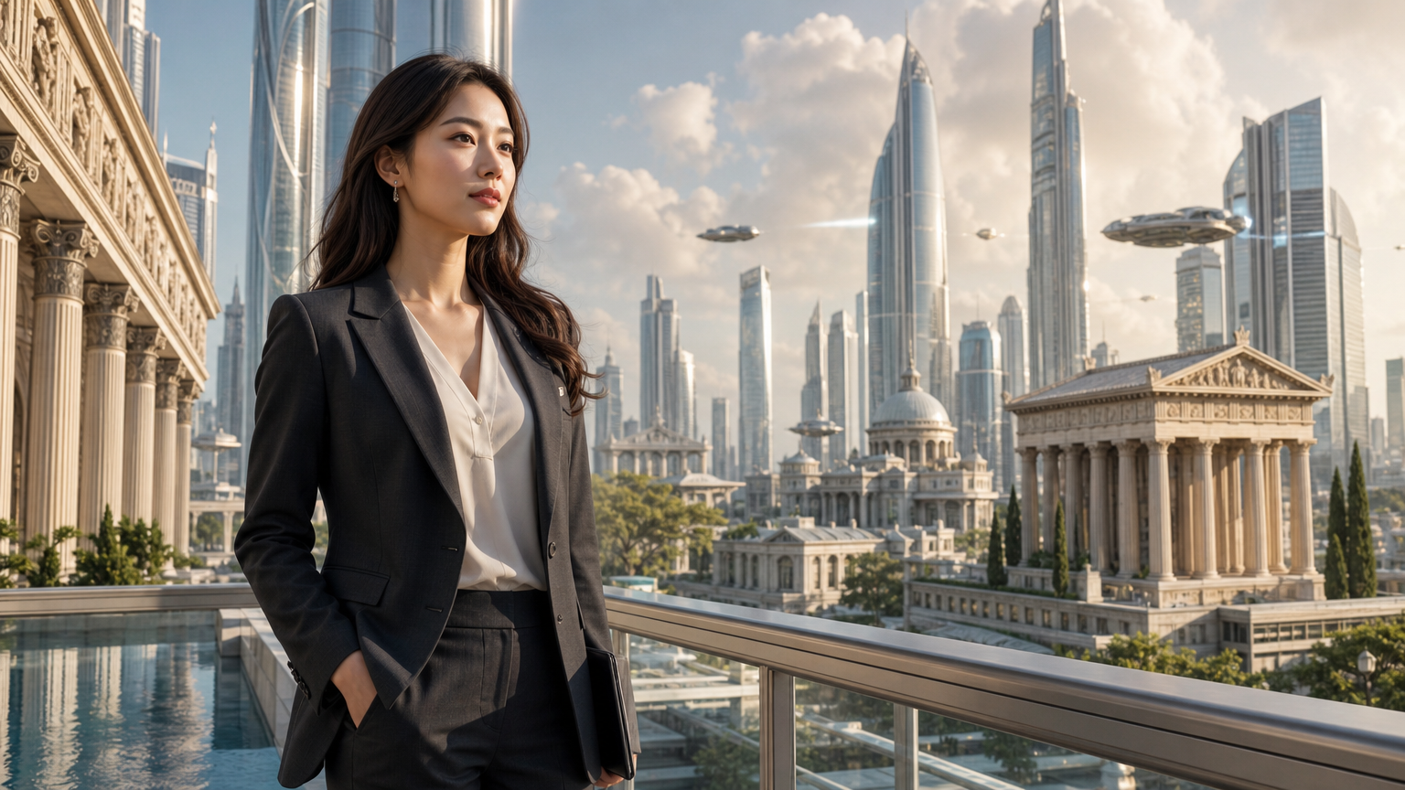 미래 도시에서 비즈니스 복장을 입고 서 있는 여성의 모습
