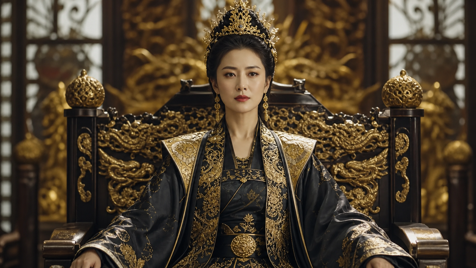 화려한 궁전에서 결단력과 품위를 가진 여왕 역을 맡은 배우의 모습