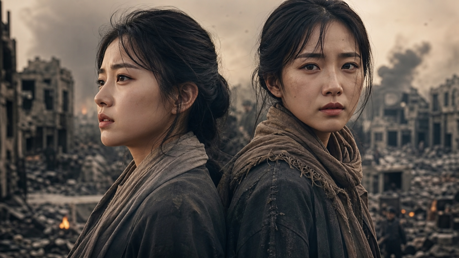 전쟁 배경 앞에서 두 가지 역할을 수행하는 자매 역 배우들의 강인함과 회복력