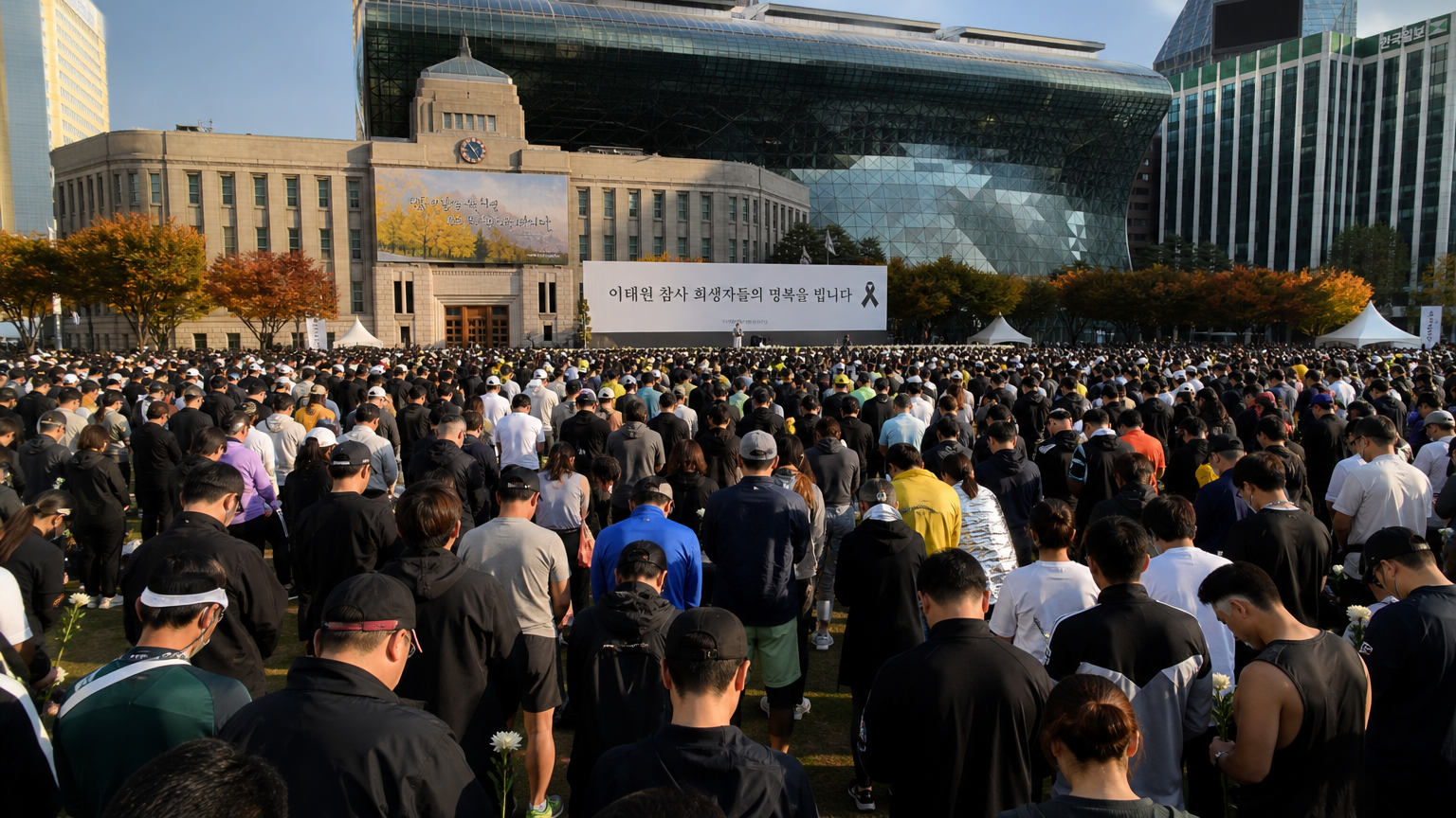 서울 시청 앞 광장에서 마라톤 참가자들이 모여 있는 모습