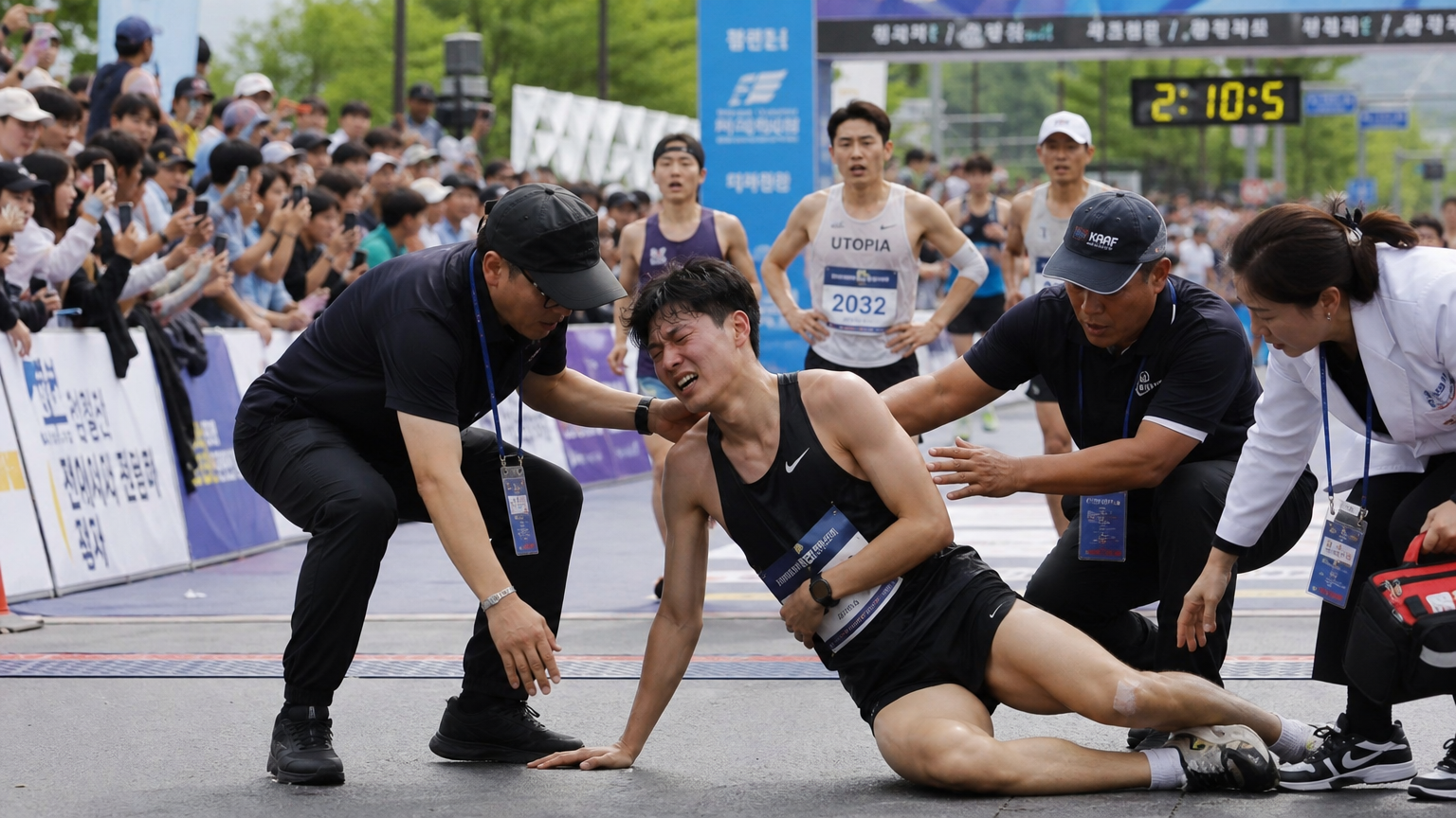 결승선에서 쓰러지는 청년과 그를 돕기 위해 달려가는 사람들