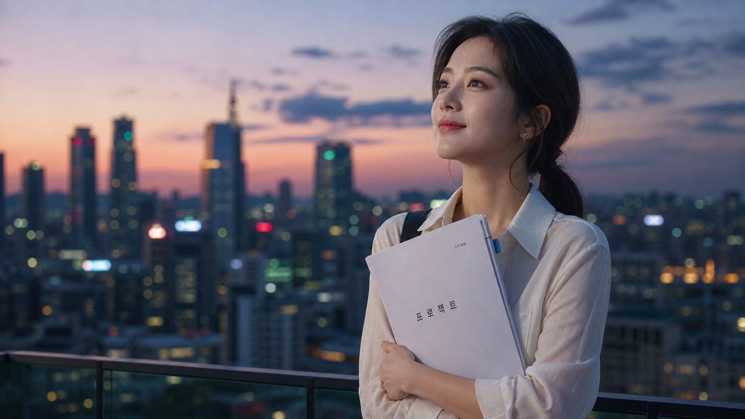 도시 스카이라인을 배경으로 미래를 준비하는 여배우의 희망찬 모습