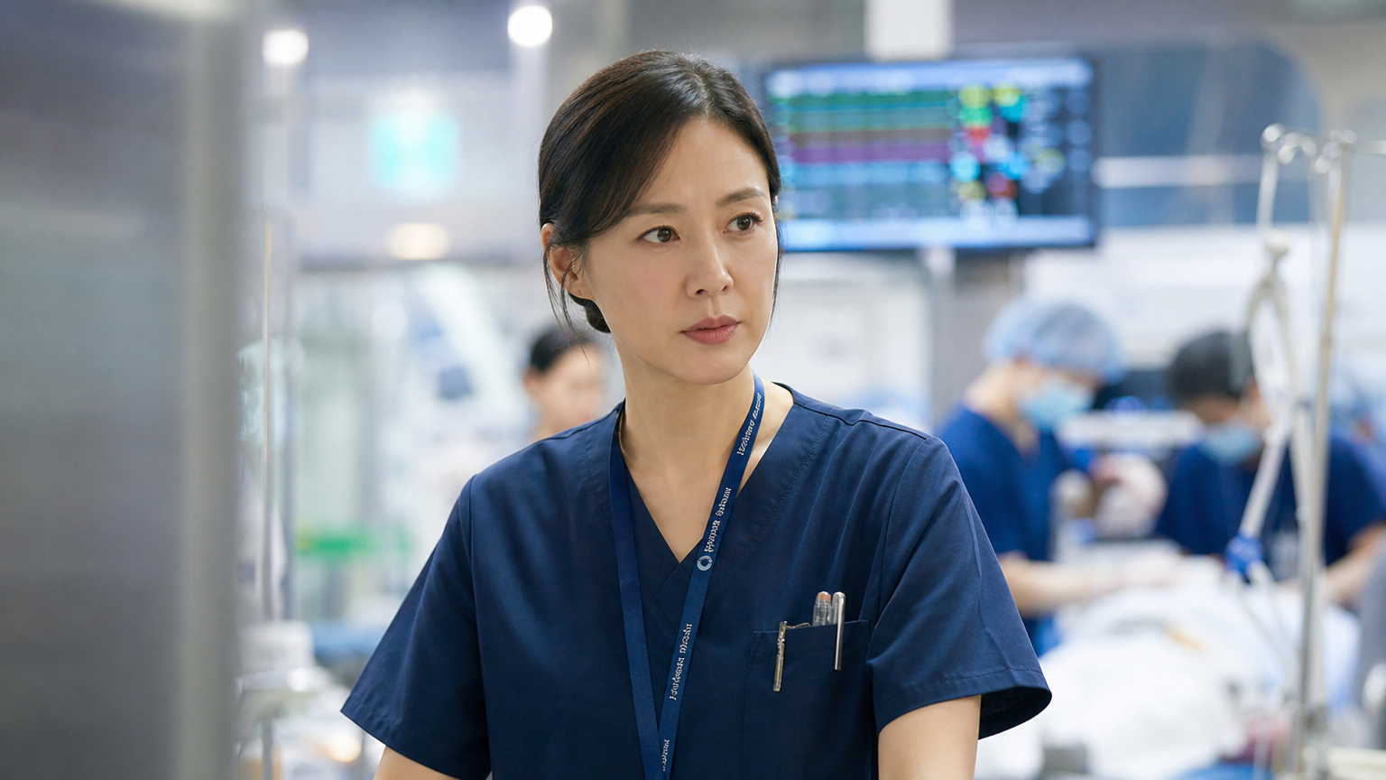병원 드라마 세트장에서 간호사 역할을 맡아 열정적으로 연기하는 모습