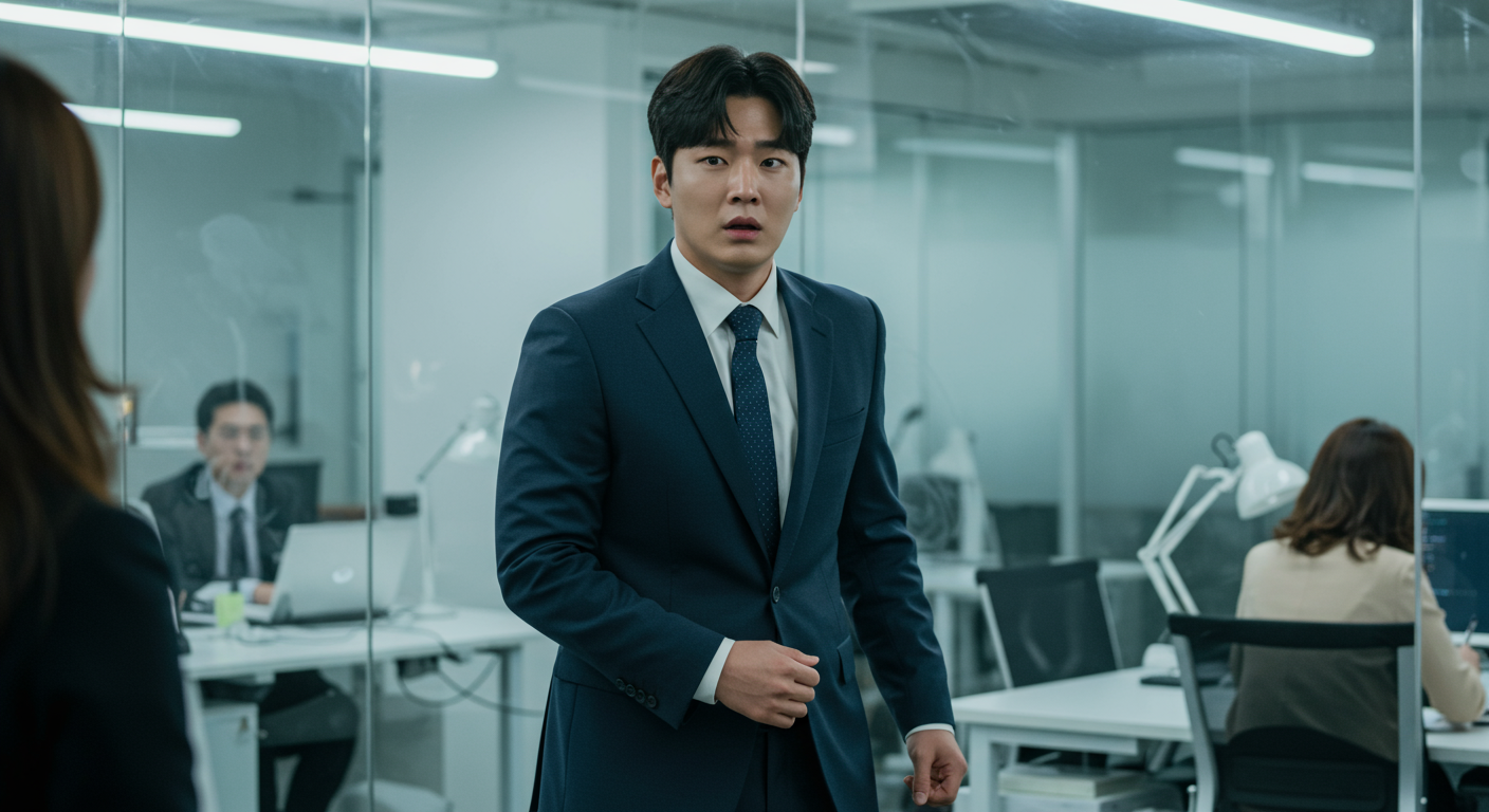 사무실에서 혼란스러워하고 방어적인 태도로 대화를 나누는 현대 남성의 모습