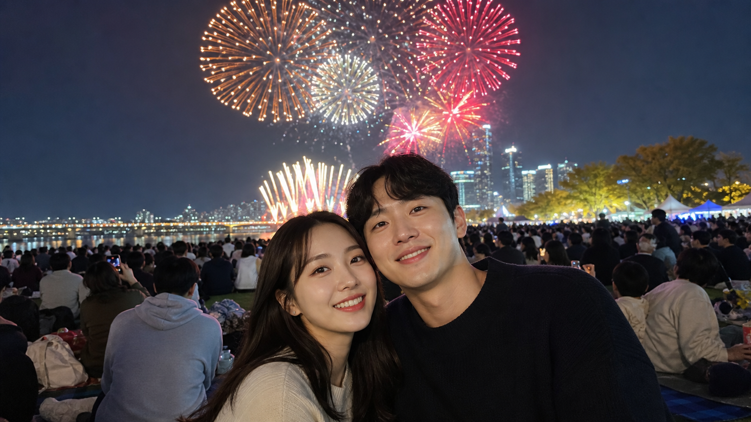 서울세계불꽃축제에서 다채로운 불꽃놀이를 배경으로 한강공원에 있는 커플