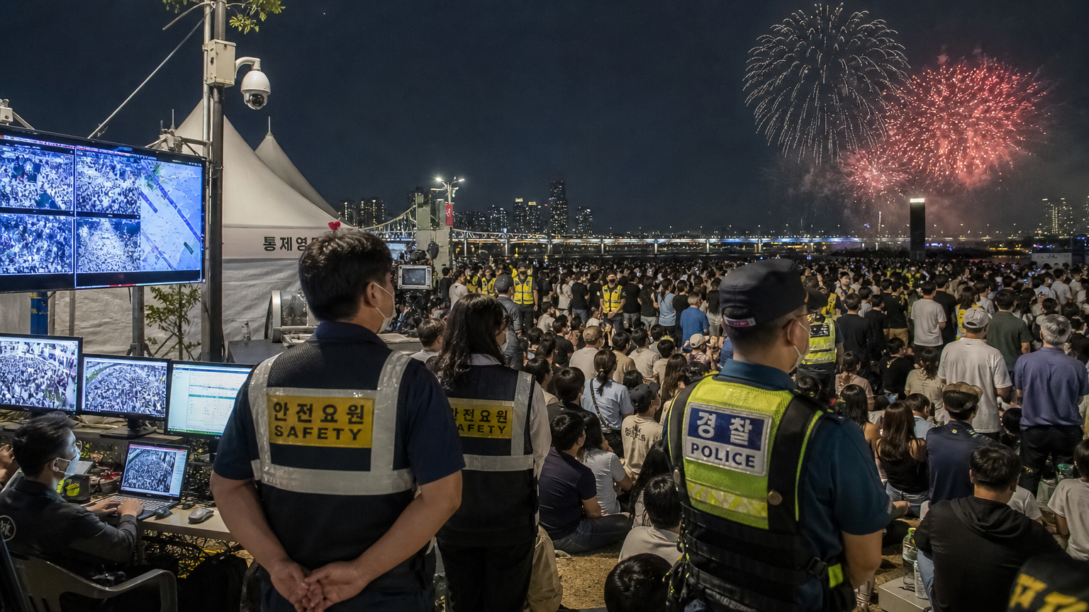 서울세계불꽃축제에서 많은 인파 속 안전을 위해 기술 및 보안 인력이 배치된 모습