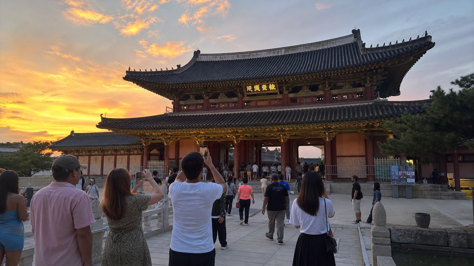 해질녘 매직아워에 방문객들이 사진을 찍고 있는 동궁 입구 모습