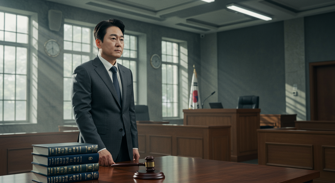 현대적 법정에서 깊은 고민에 잠긴 한국 정치인의 모습