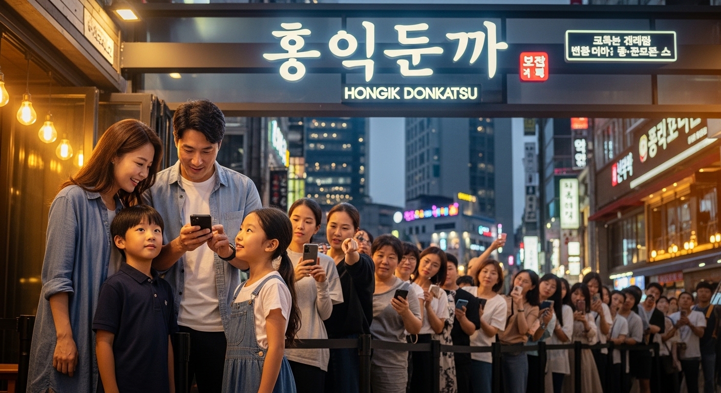 현대적인 한국 가족이 바쁜 홍익돈까스 매장 입구에서 대기 중인 모습