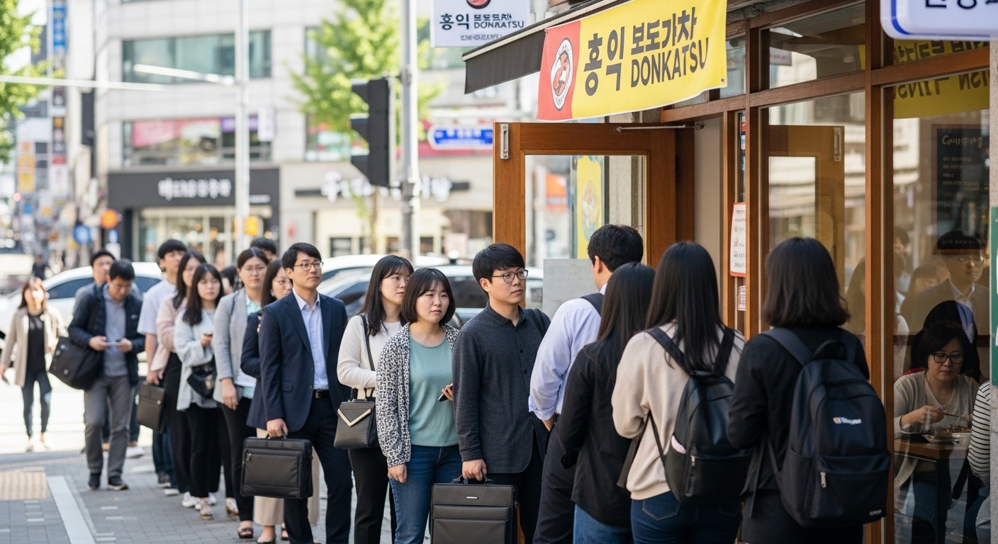 서울 상업지구의 작은 홍익돈까스 매장에서 직장인과 학생들이 점심시간에 줄 서 있는 장면