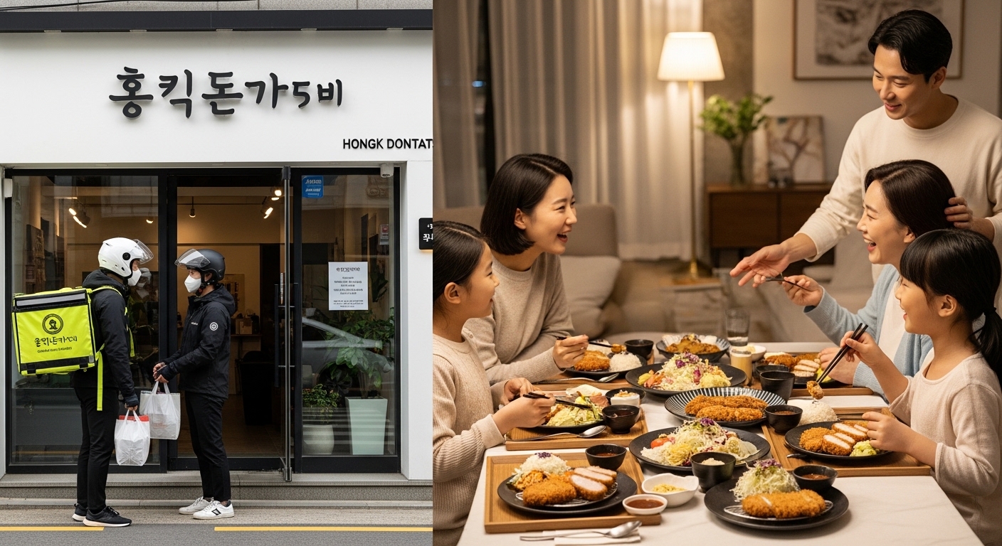 배달 라이더가 홍익돈까스에서 포장을 픽업하는 모습과 가정에서 음식을 즐기는 가족들