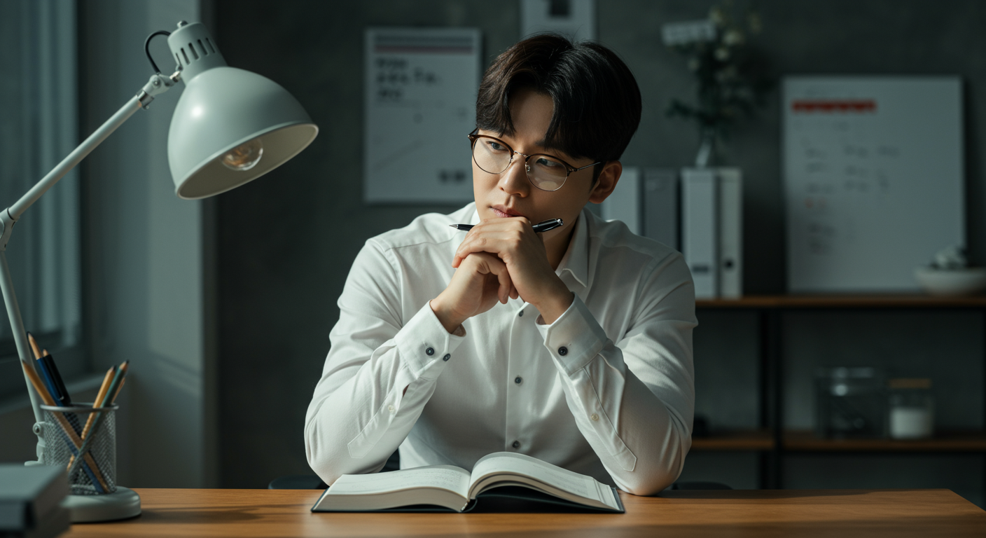 서울의 현대적인 사무실에서 일기를 쓰며 깊이 있는 반성을 하는 직장인의 모습