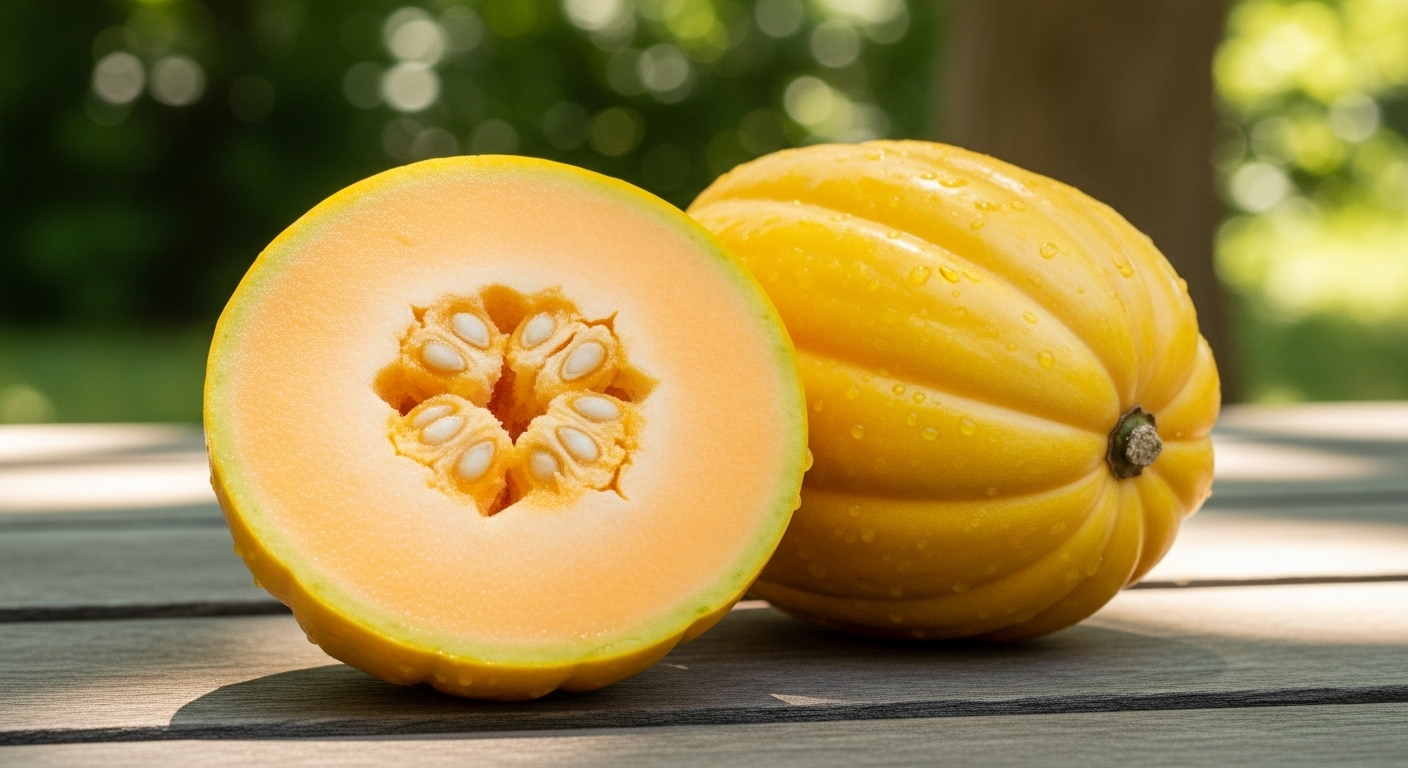 밝은 노란색 껍질의 망고참외가 자연 배경 앞에 놓여 있는 모습