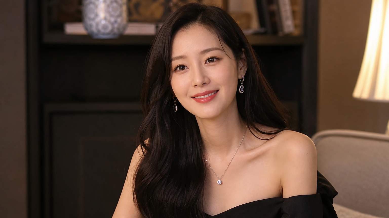 현대적인 한국 여배우가 우아한 환경에서 온화한 미소를 지으며 매력을 발산하는 모습