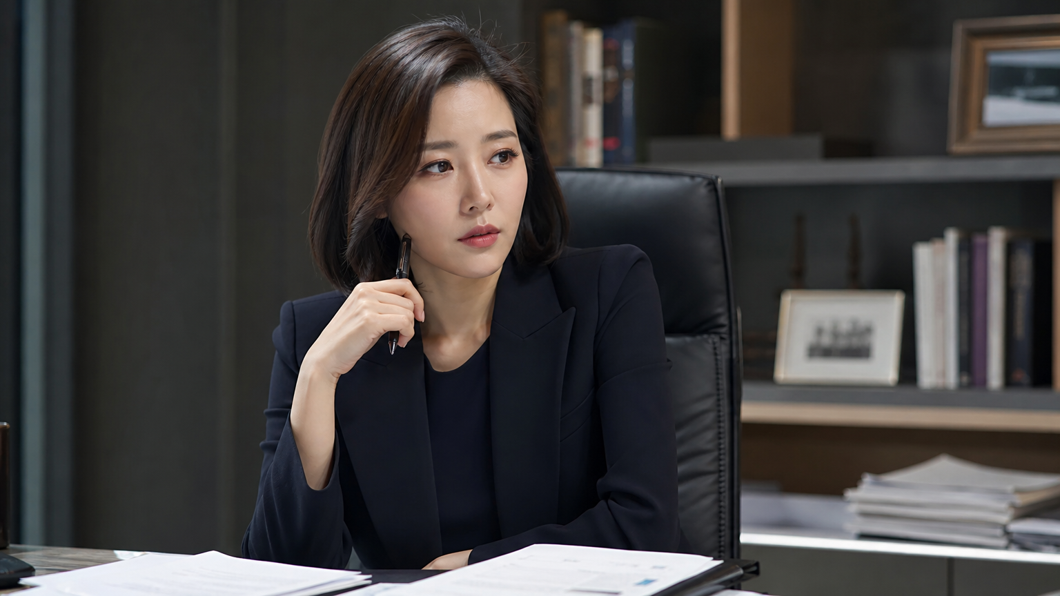 스타일리시한 사무실 환경에서 깊은 생각과 책임감을 반영하는 결단력 있는 한국 여성의 모습