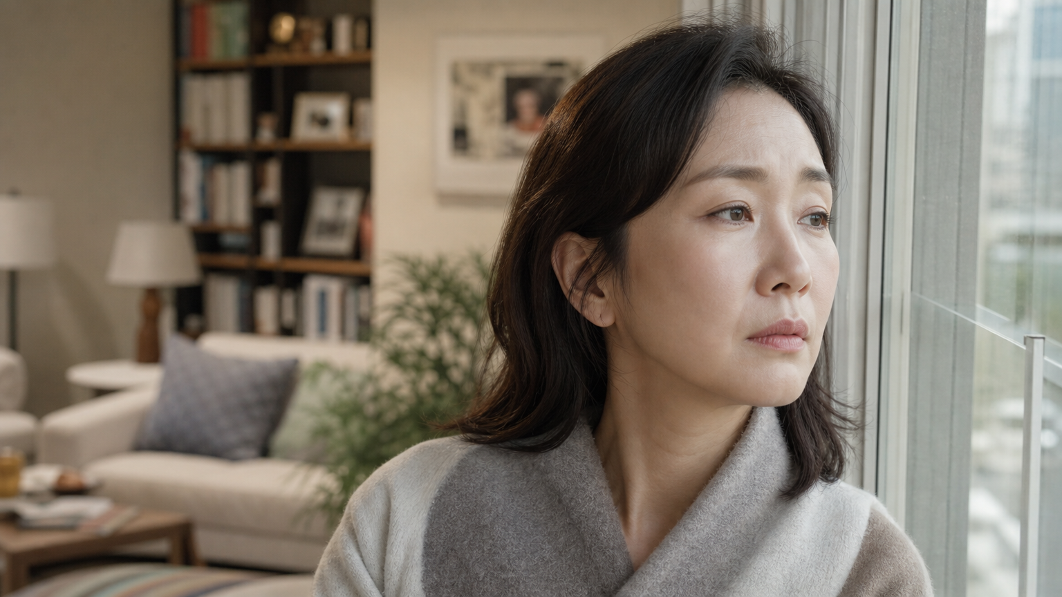 아늑한 아파트에서 창밖을 바라보며 가족 관계의 복잡성을 전하는 사색적인 한국 여성