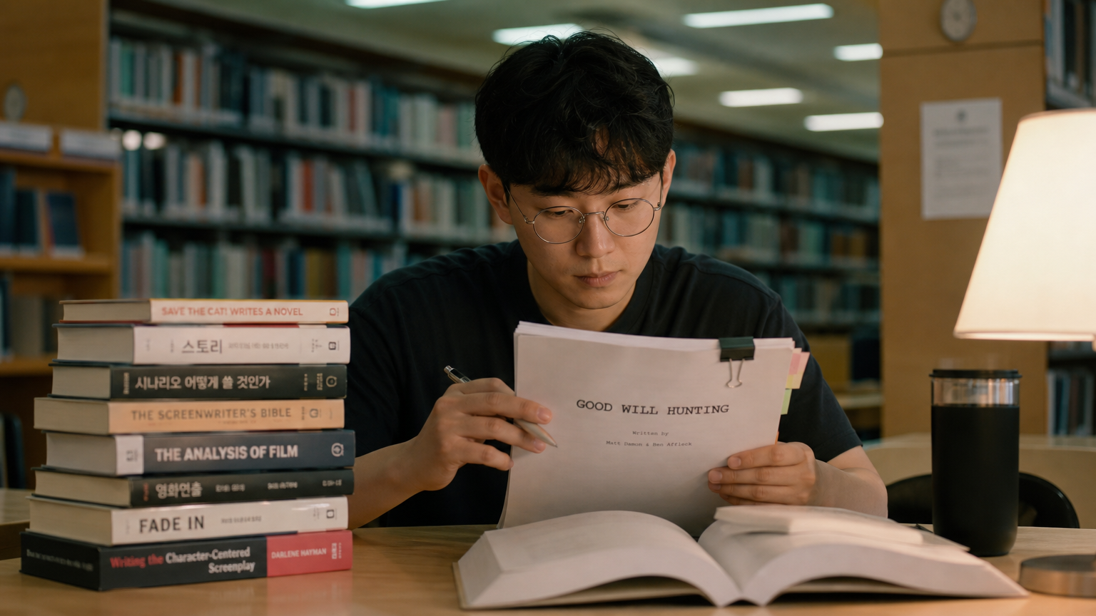 대학 도서관에서 '굿 윌 헌팅' 시나리오를 공부하는 성인 학습자