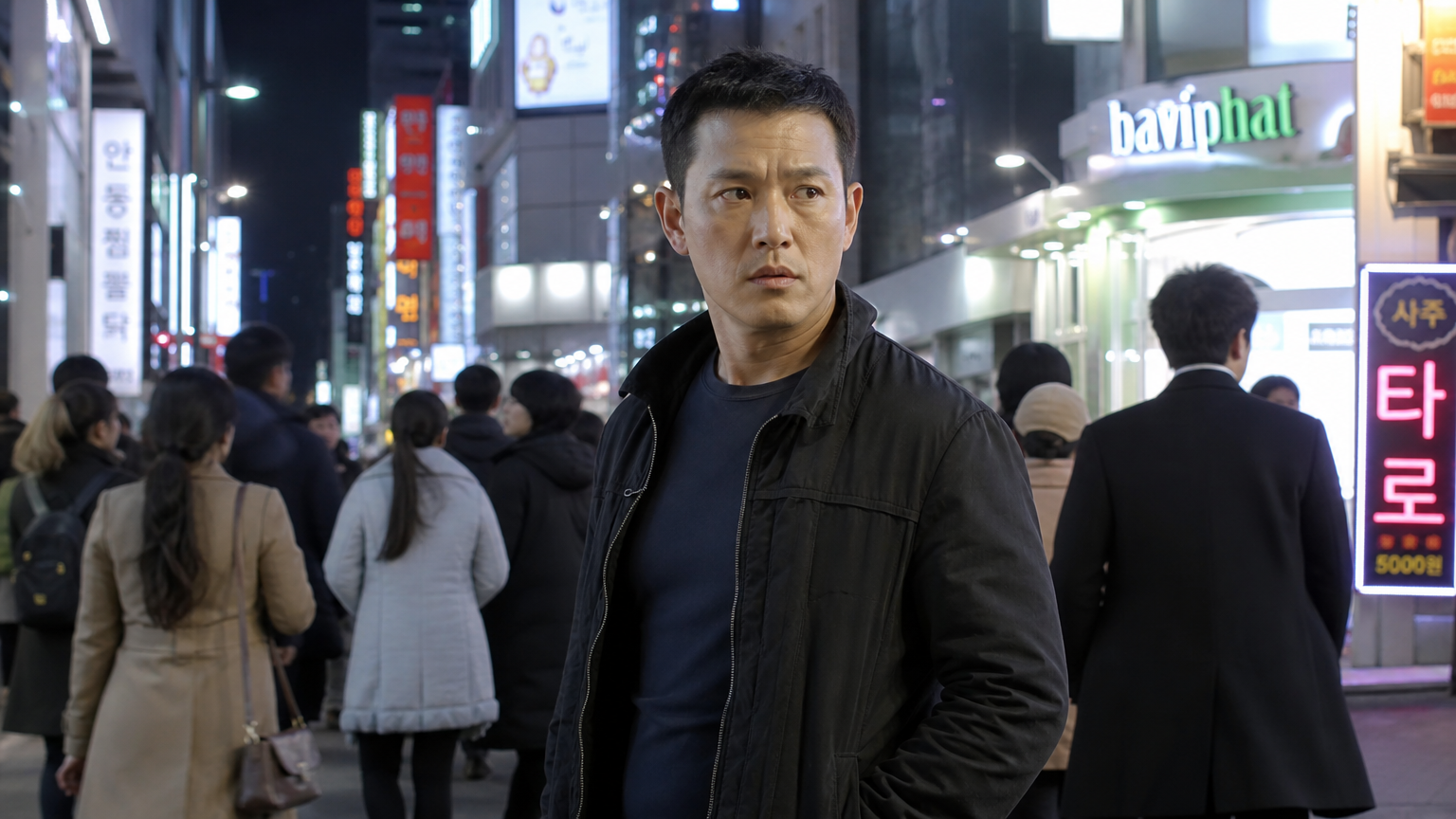 서울 번화가에서 제이슨 본처럼 차려입고 서 있는 액션 영화 팬