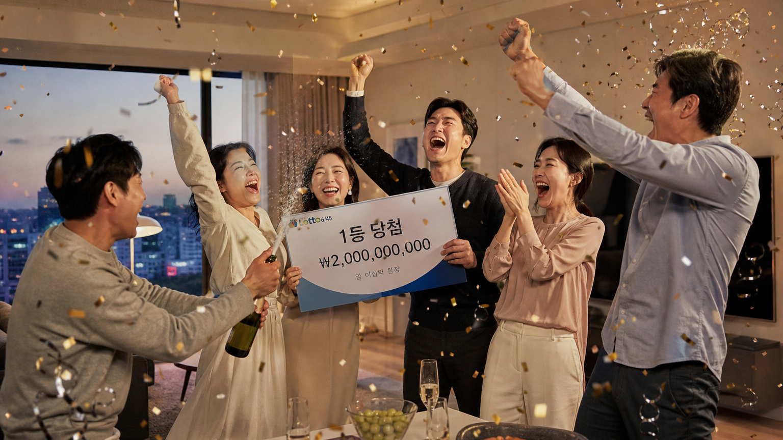 아파트에서 로또 당첨을 축하하며 샴페인을 터뜨리는 모습