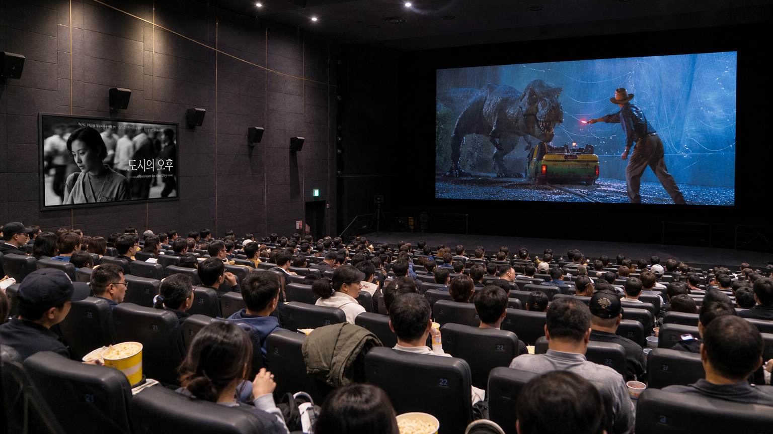 블록버스터와 예술 영화가 각각 상영되는 다양한 관객이 모인 한국 영화관