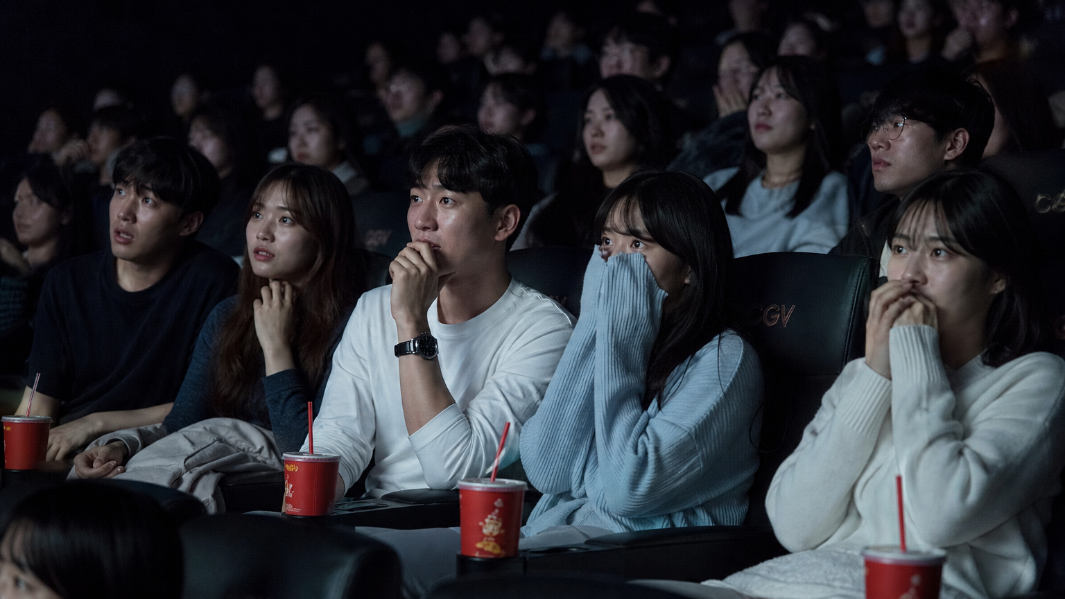 늦은 밤 한국 영화관에서 공포 영화를 보는 젊은 관객들