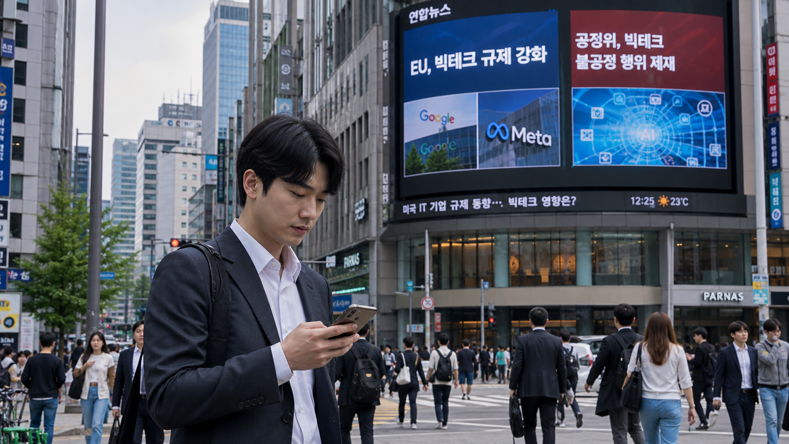서울 거리에서 스마트폰으로 빅테크 규제 뉴스를 읽는 현대 직장인의 모습
