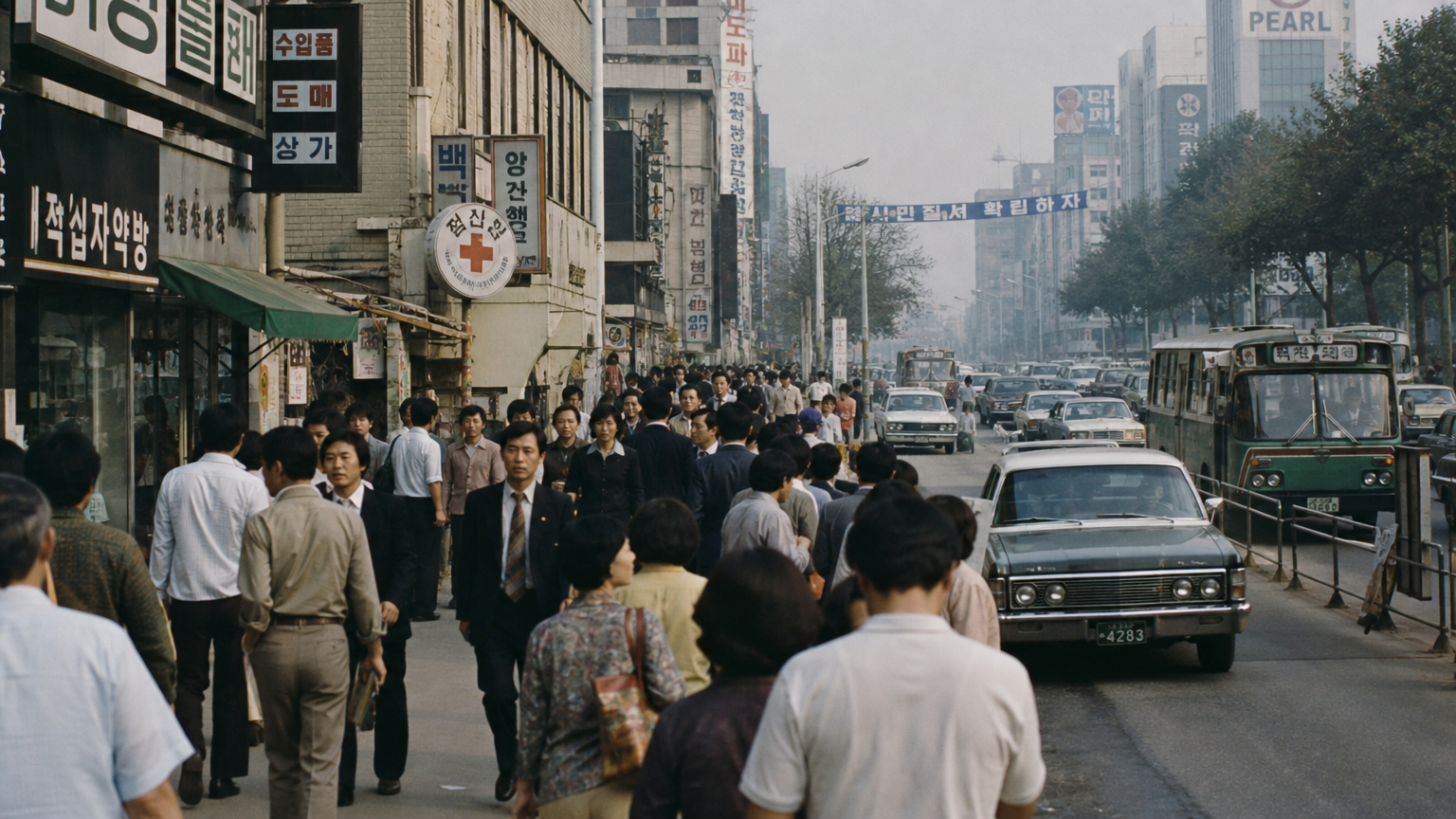 복잡한 인파와 경제적 긴장감이 느껴지는 1970년대 말 한국 거리