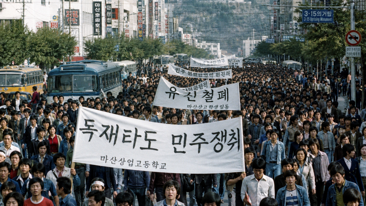 민주주의를 요구하는 시위자들이 있는 역사적 부산과 마산 시위 장면