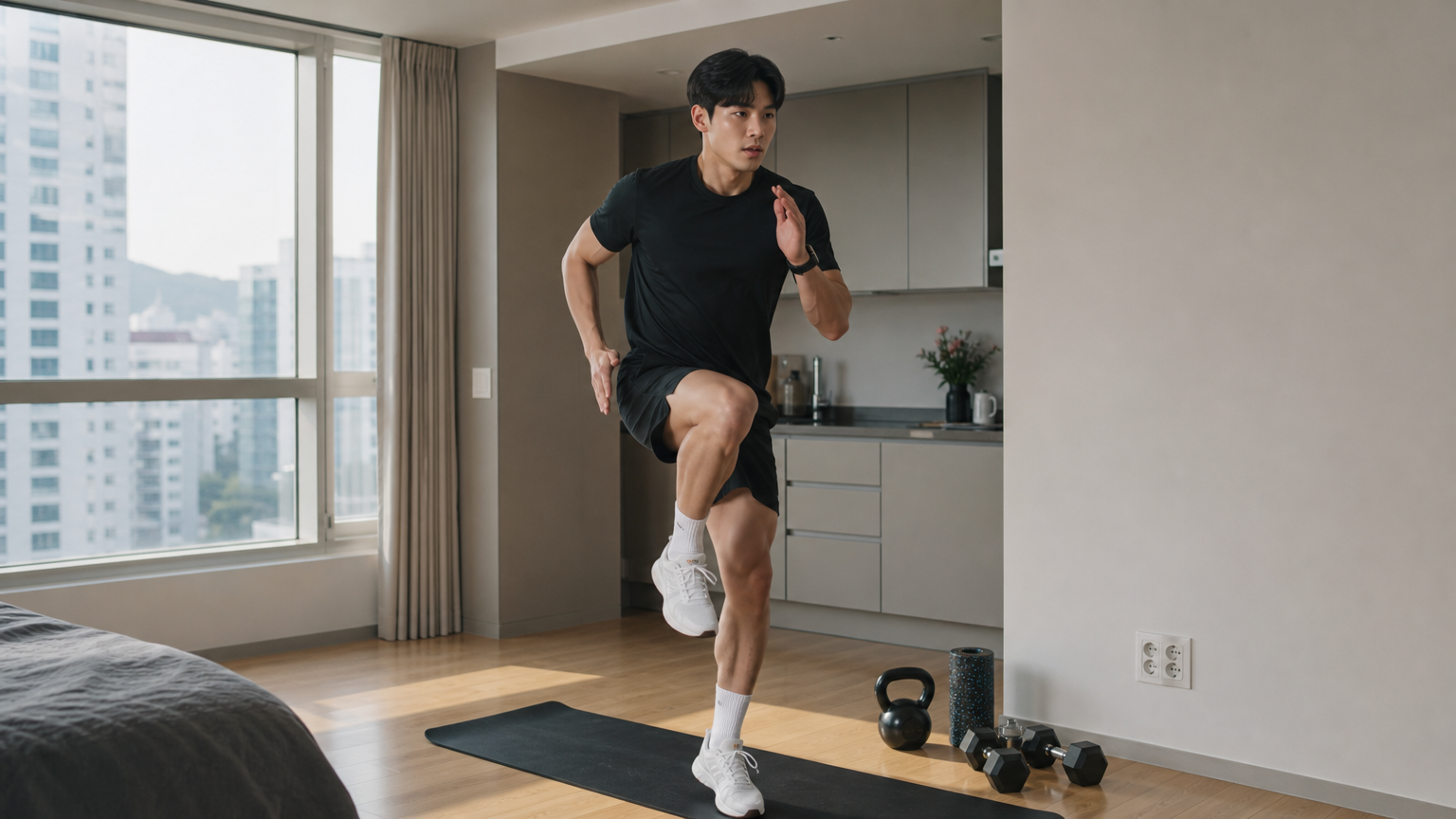 도심 아파트에서 고강도 인터벌 트레이닝을 하는 젊은 직장인