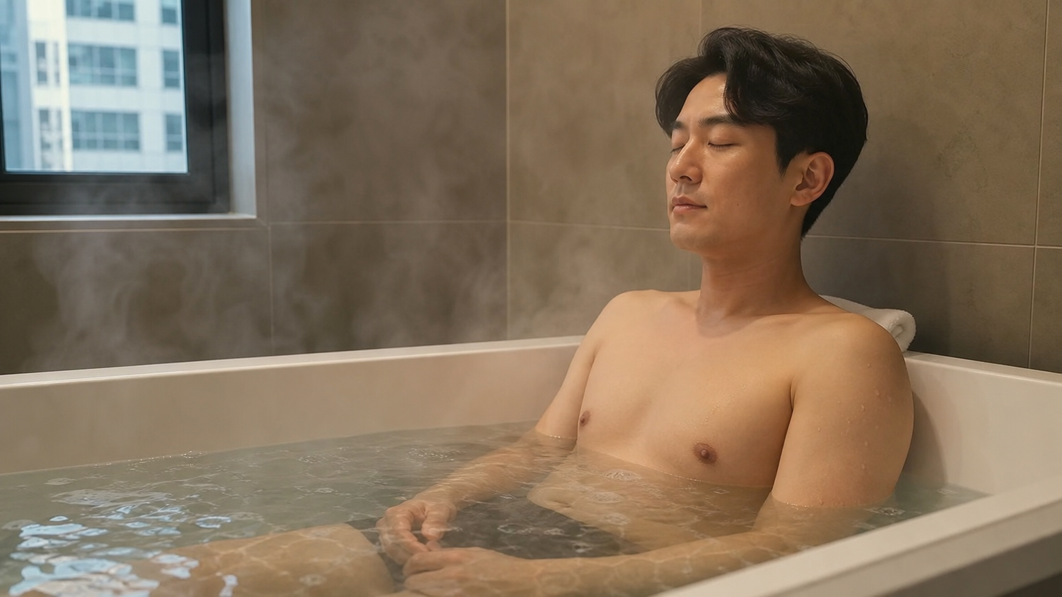 최소한의 장식이 있는 욕조에서 따뜻한 물에 반신욕을 하며 편안함을 느끼는 직장인의 모습
