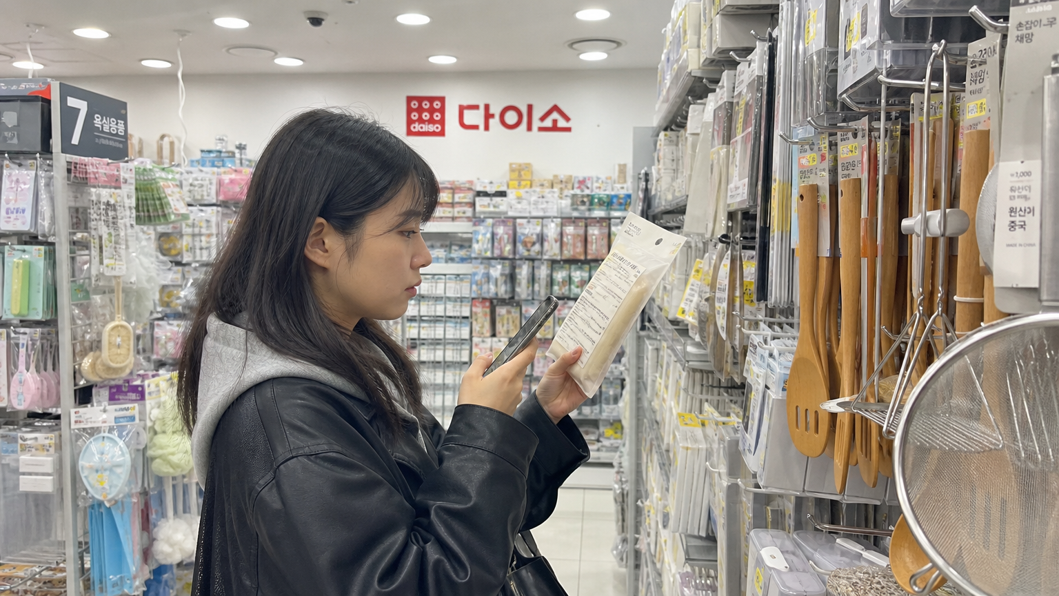 제품의 원산지를 확인하기 위해 바코드와 포장 정보를 살피는 모습