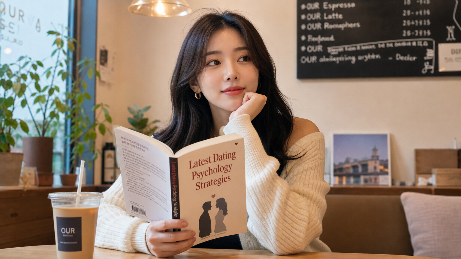 카페에서 '최신 연애 심리 전략' 책을 읽고 있는 여성의 모습