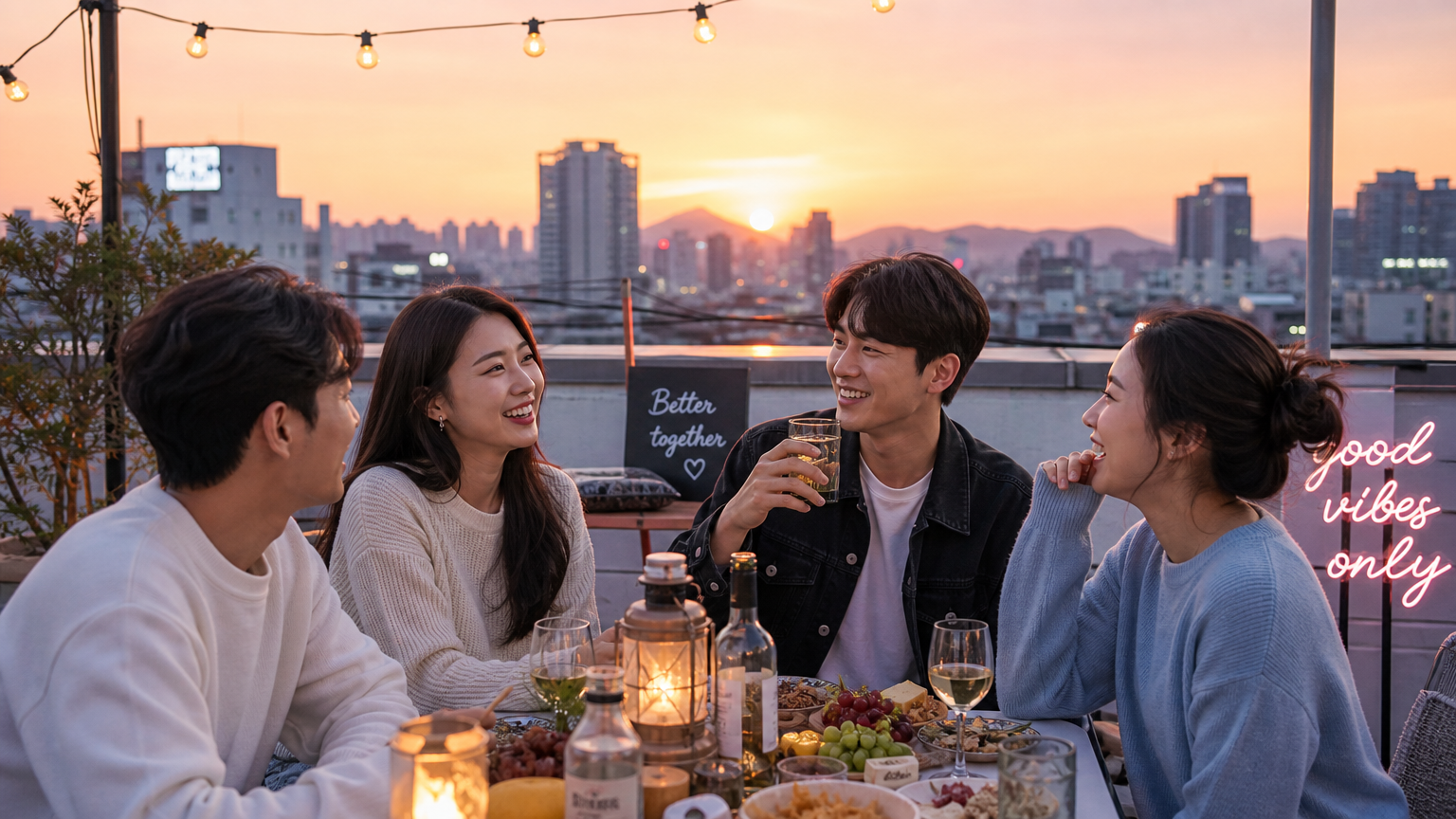 루프탑 모임에서 긍정적인 대화를 나누는 젊은 성인들