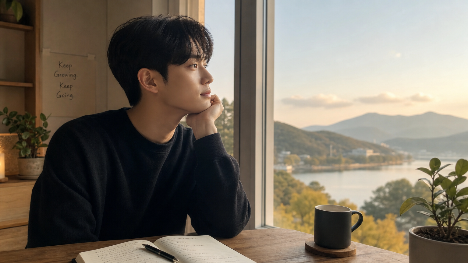 창밖을 보며 자기 성찰 중인 남성의 모습