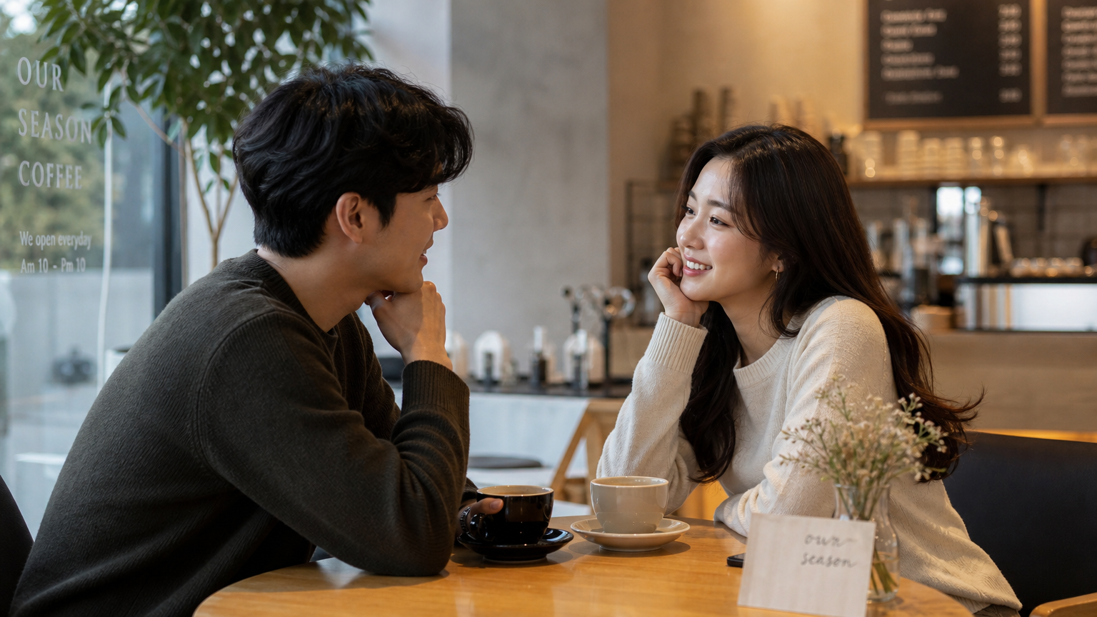 카페에서 깊이 있는 대화를 나누고 있는 두 성인
