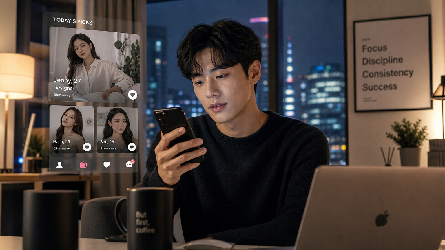 스마트폰으로 데이팅 앱을 탐색하는 성인의 모습