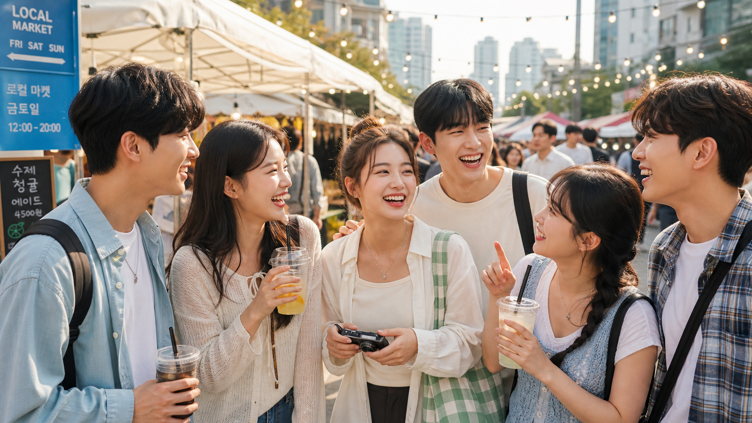 주말 시장에서 교류를 즐기는 다양한 친구들 그룹