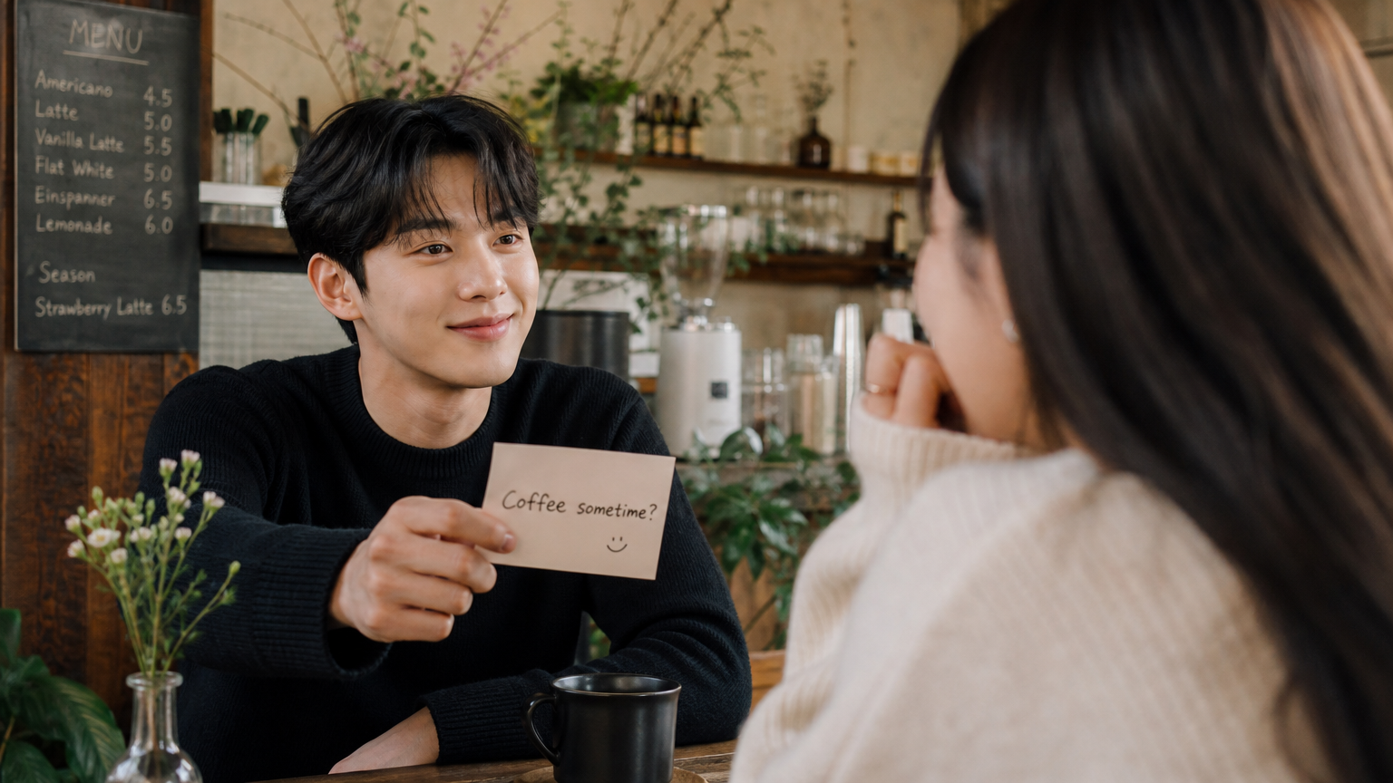카페에서 용기를 내어 커피 약속을 제안하는 젊은 성인의 모습