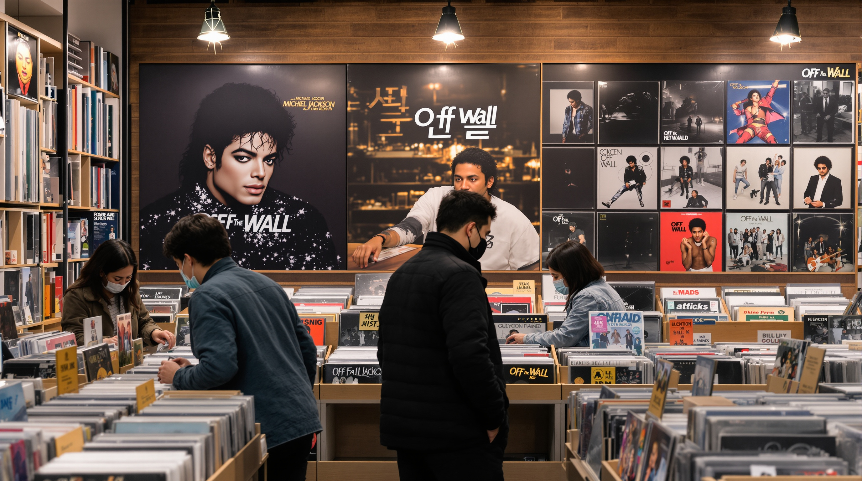 서울의 레코드 가게에서 'Off the Wall' 앨범을 감상하는 사람들